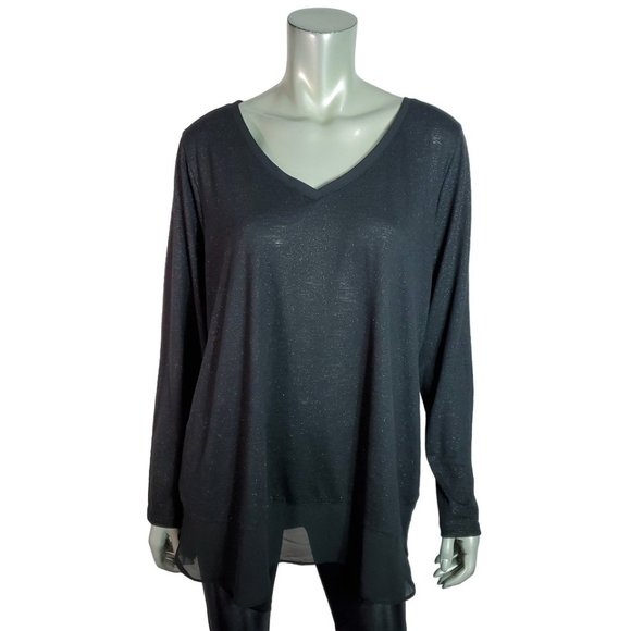 Lane Bryant Top Plus Size 18/20‎ Metallic Chiffon Hem Stretch Long Sleeve Black - Picture 1 of 5